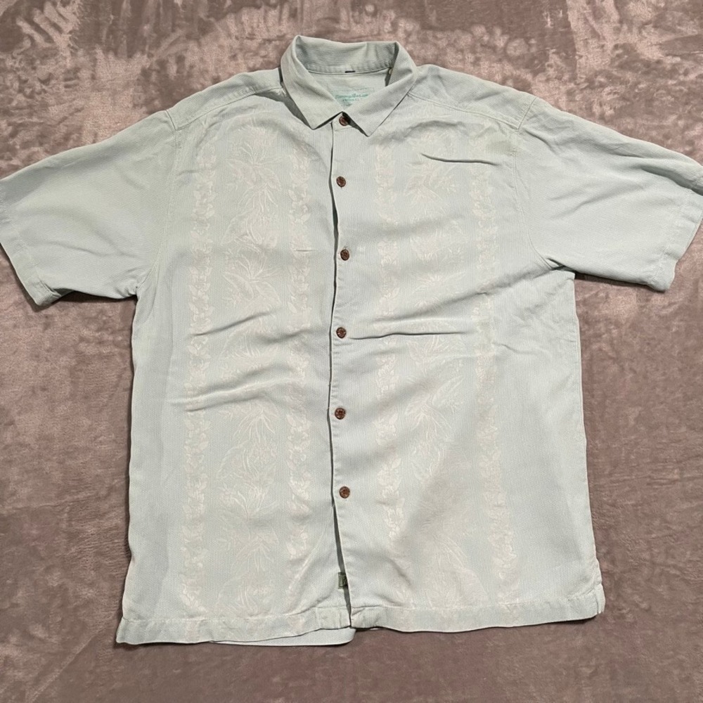 Tommy Bahama Shirt Mens Large Blue Floral Hawaiian Silk Button Up Beach Camp